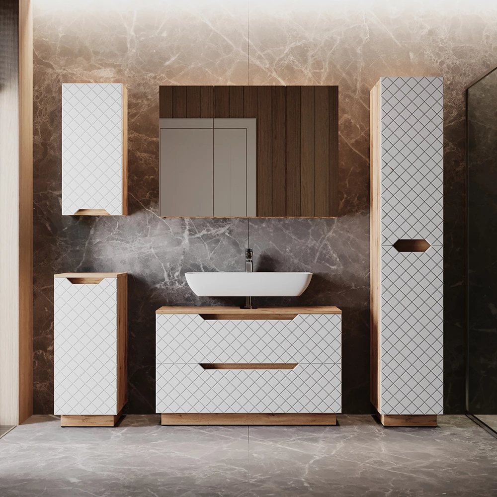 Wastafelonderkast Lotta Eiken/wit met tegelstructuur 99.4 x 62.5 cm met 2 laden Vicco