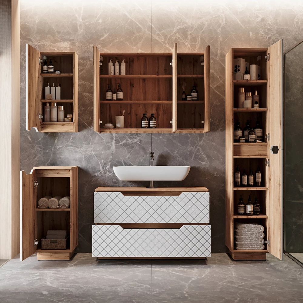 Wastafelonderkast Lotta Eiken/wit met tegelstructuur 99.4 x 62.5 cm met 2 laden Vicco