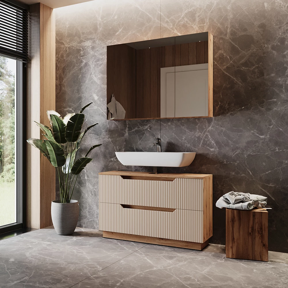 Nahaufnahme von Badmöbel-Set in Eiche/Kaschmir gestreift, zeigt Design- und Oberflächendetails