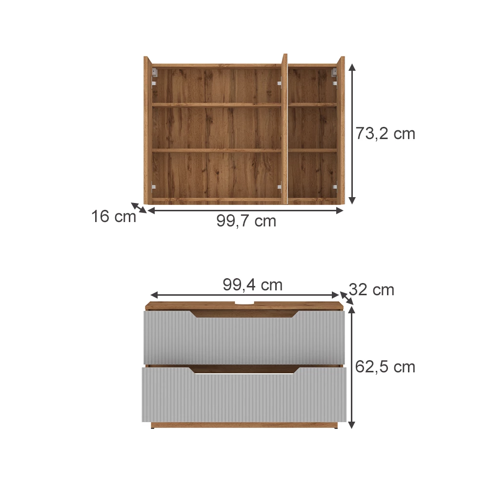 Badmöbel-Set in Eiche/grau gestreift auf weißem Hintergrund mit sichtbaren Maßen