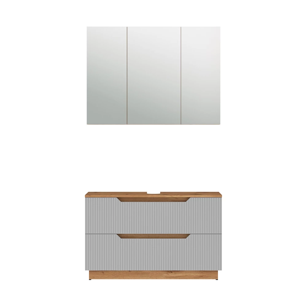 Badmöbel-Set in Eiche/grau gestreift auf weißem Hintergrund