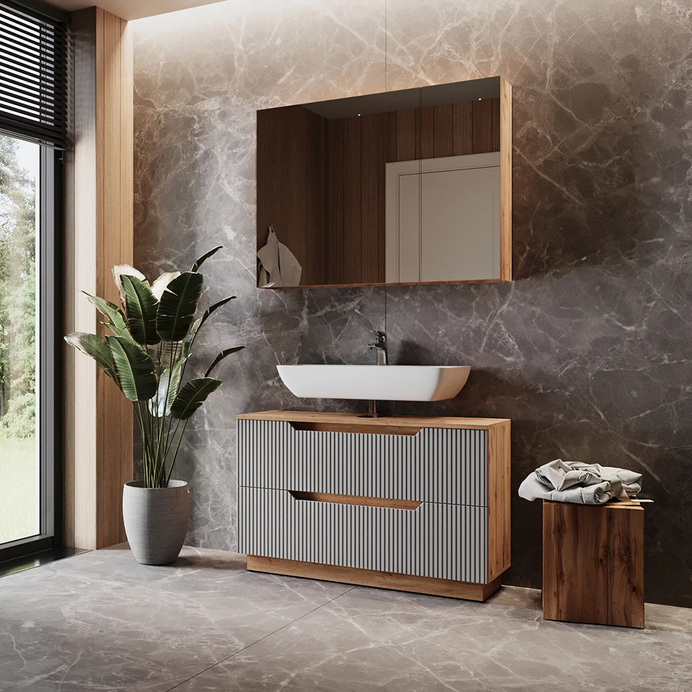 Nahaufnahme von Badmöbel-Set in Eiche/grau gestreift, zeigt Design- und Oberflächendetails