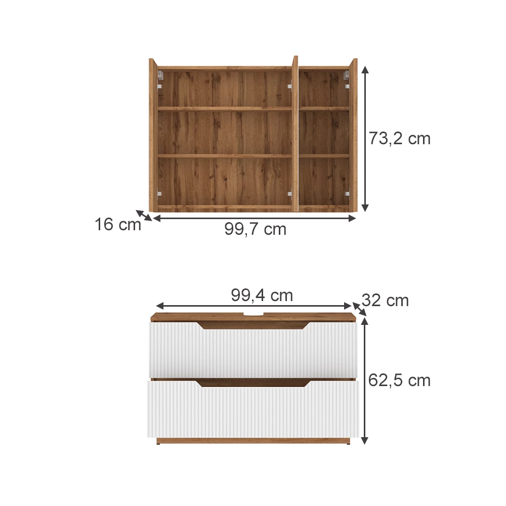 Badmöbel-Set in Eiche/weiß gestreift auf weißem Hintergrund mit sichtbaren Maßen