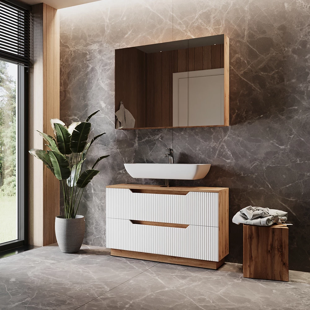 Nahaufnahme von Badmöbel-Set in Eiche/weiß gestreift, zeigt Design- und Oberflächendetails