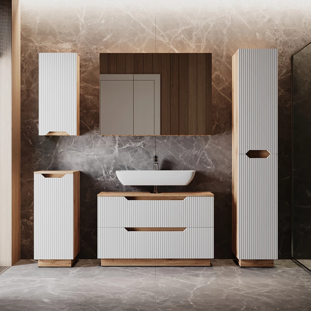 Badkamermeubelset Lotta Eiken/wit gestreept 4 delen Vicco