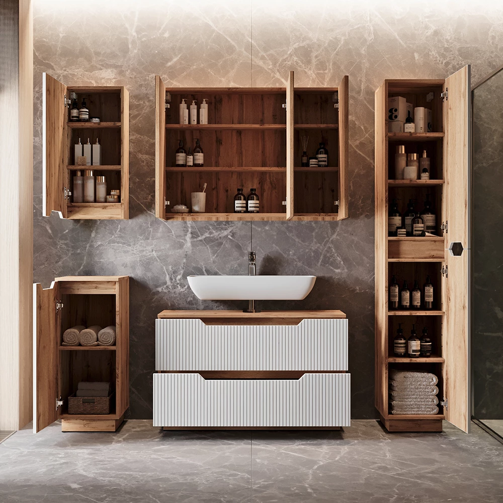 Badkamermeubelset Lotta Eiken/wit gestreept 4 delen Vicco