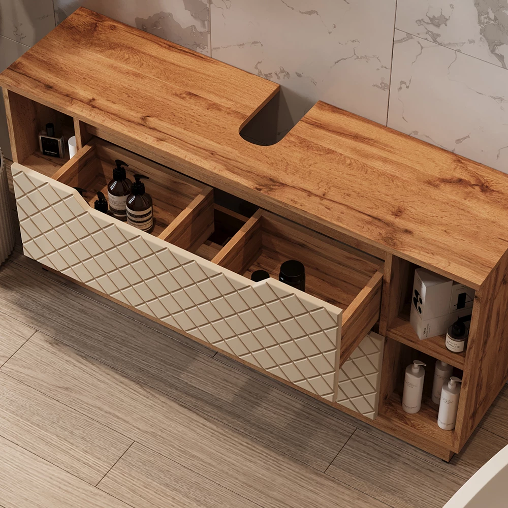 Close-up of Badkamermeubelset in Eiken/kasjmier met tegelstructuur, showing texture/details