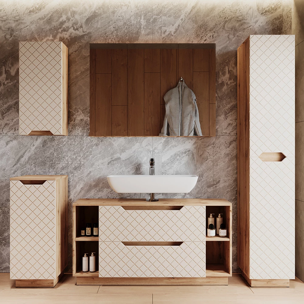 Badkamermeubelset Lotta Eiken/kasjmier met tegelstructuur 3 delen Vicco
