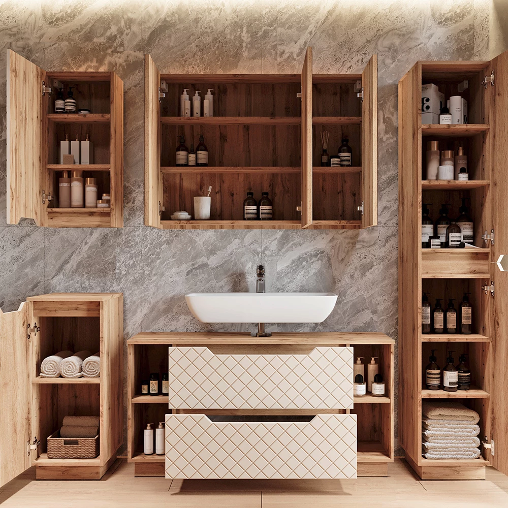 Badkamermeubelset Lotta Eiken/kasjmier met tegelstructuur 3 delen Vicco