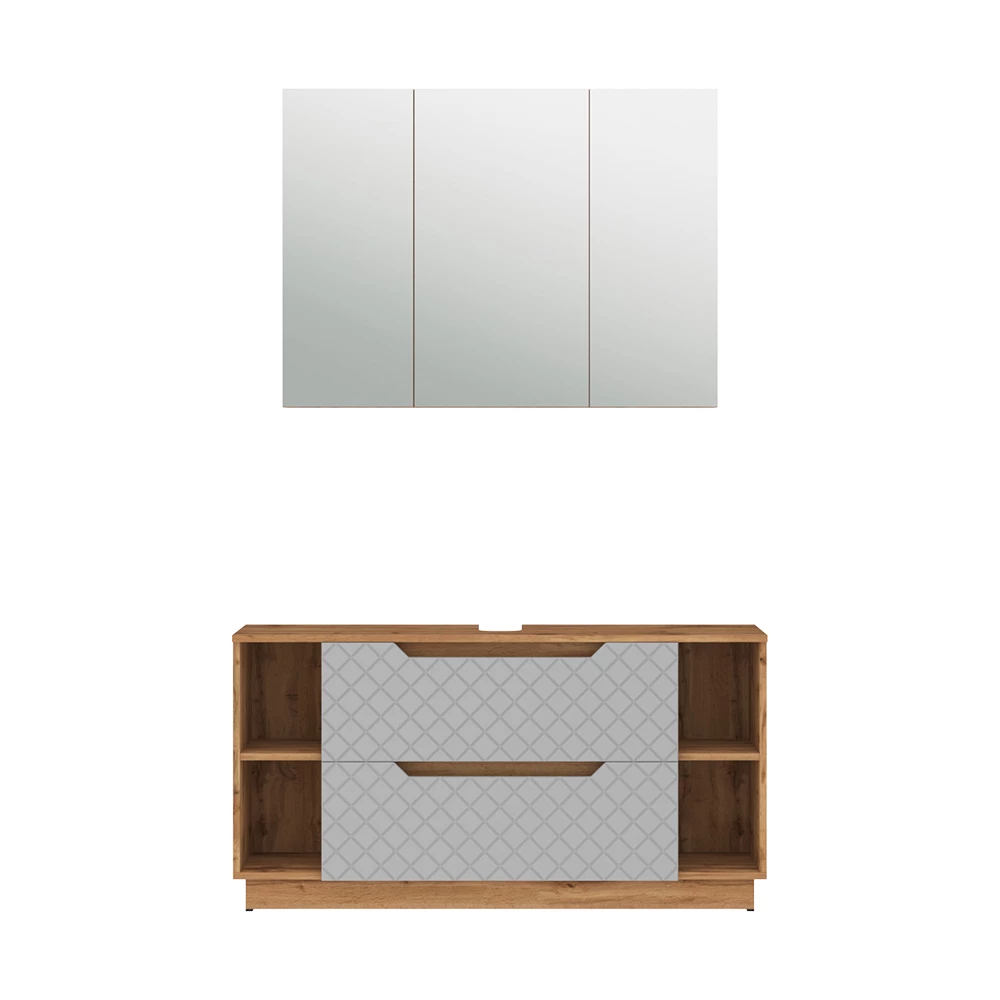 Badkamermeubelset in Eiken/grijs met tegelstructuur on white background