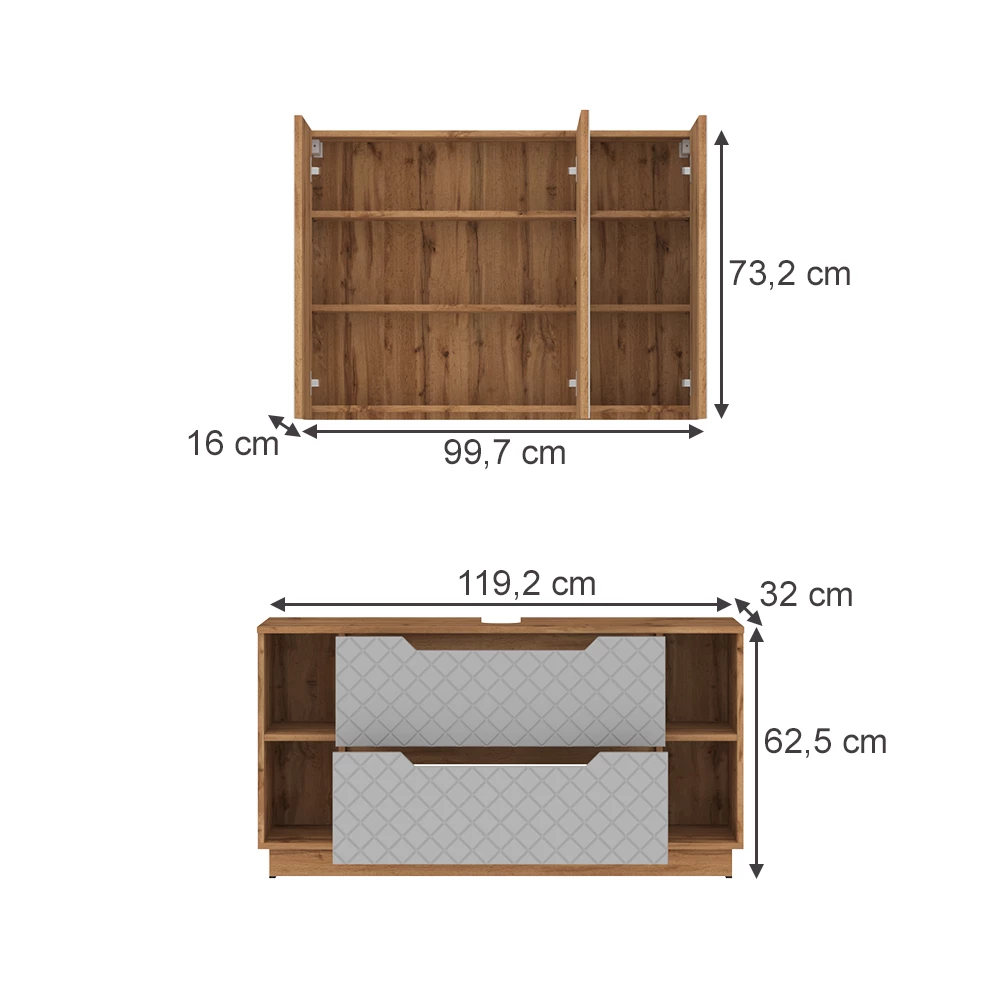 Badkamermeubelset in Eiken/grijs met tegelstructuur on white background with visible dimensions