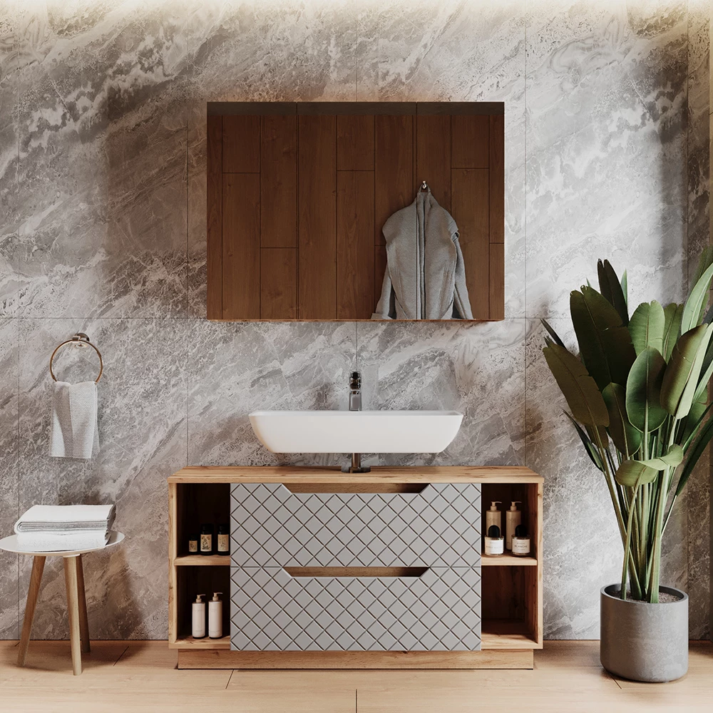 Badkamermeubelset in Eiken/grijs met tegelstructuur shown in ambient setting with decoration