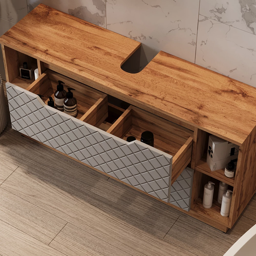 Close-up of Badkamermeubelset in Eiken/grijs met tegelstructuur, showing texture/details