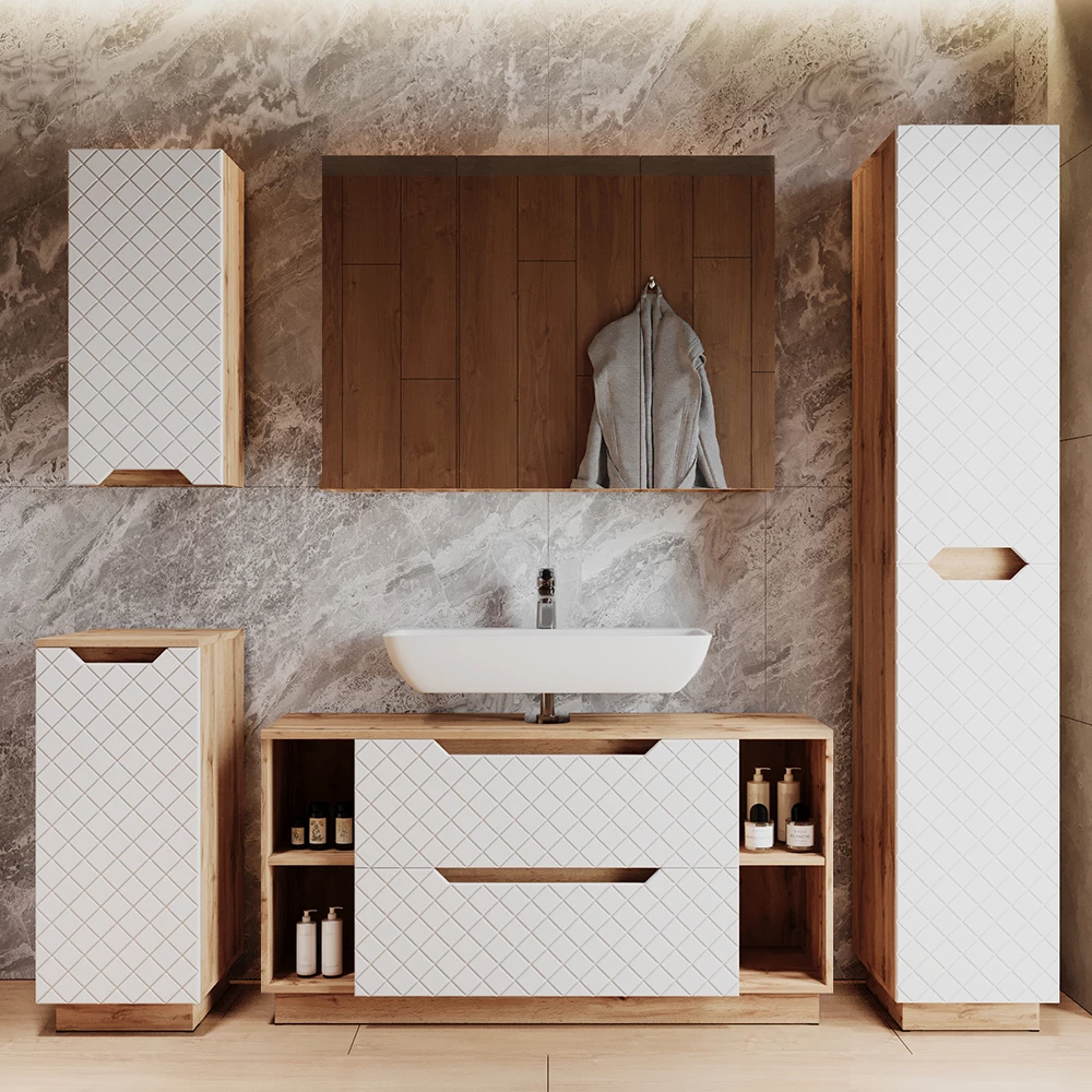 Meuble sous vasque simple Lotta Chêne/blanc avec structure en carreaux 119.2x62.5cm avec 2 tiroirs Vicco