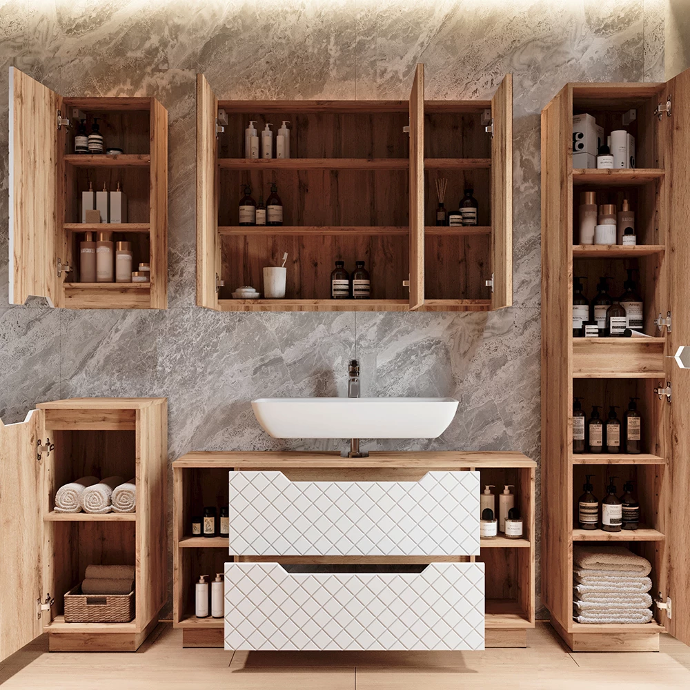 Meuble sous vasque simple Lotta Chêne/blanc avec structure en carreaux 119.2x62.5cm avec 2 tiroirs Vicco