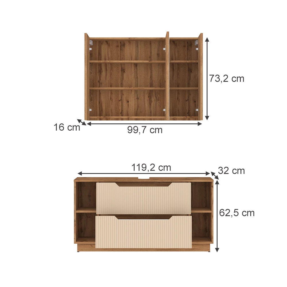 Badmöbel-Set in Eiche/Kaschmir gestreift auf weißem Hintergrund mit sichtbaren Maßen