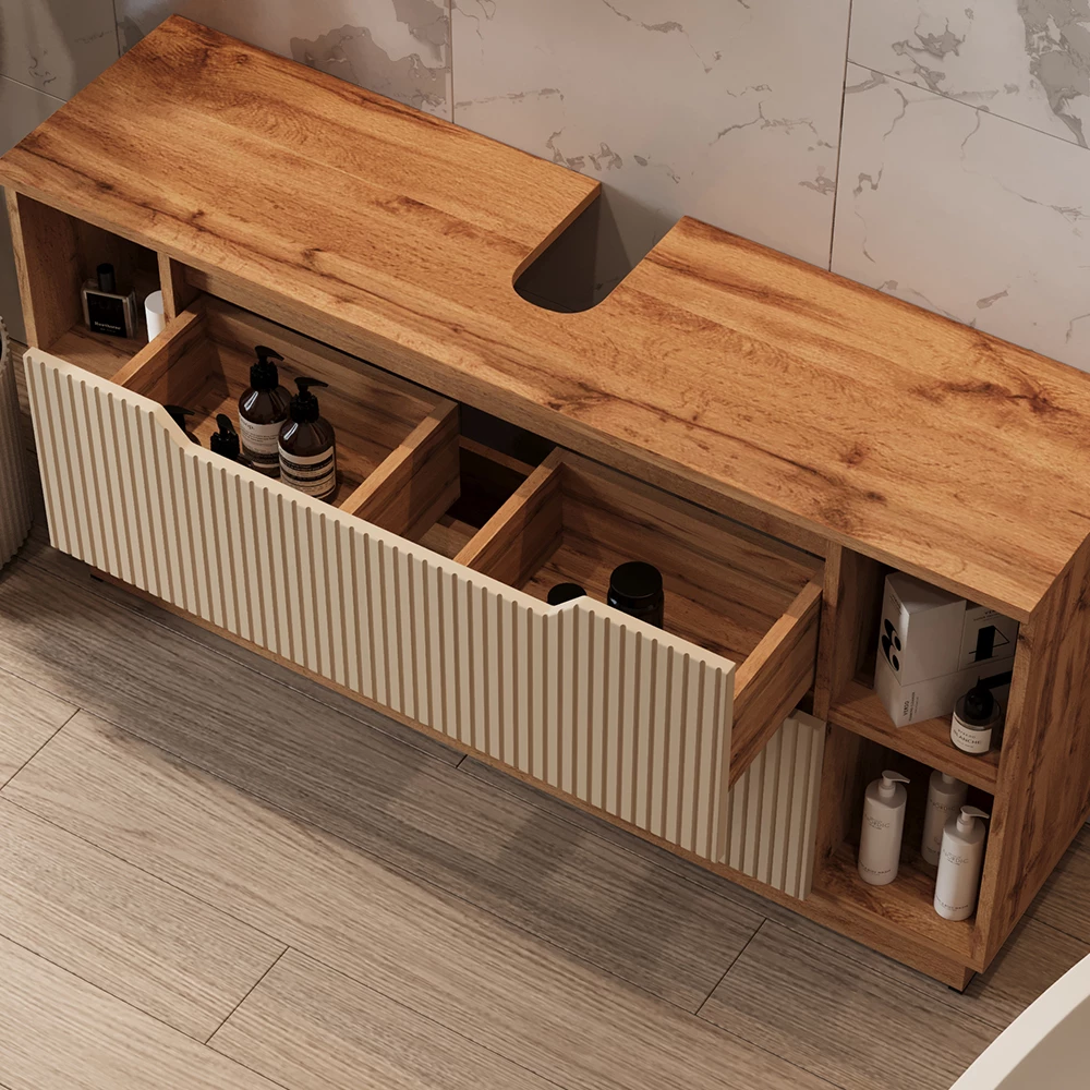 Nahaufnahme von Badmöbel-Set in Eiche/Kaschmir gestreift, zeigt Textur/Details