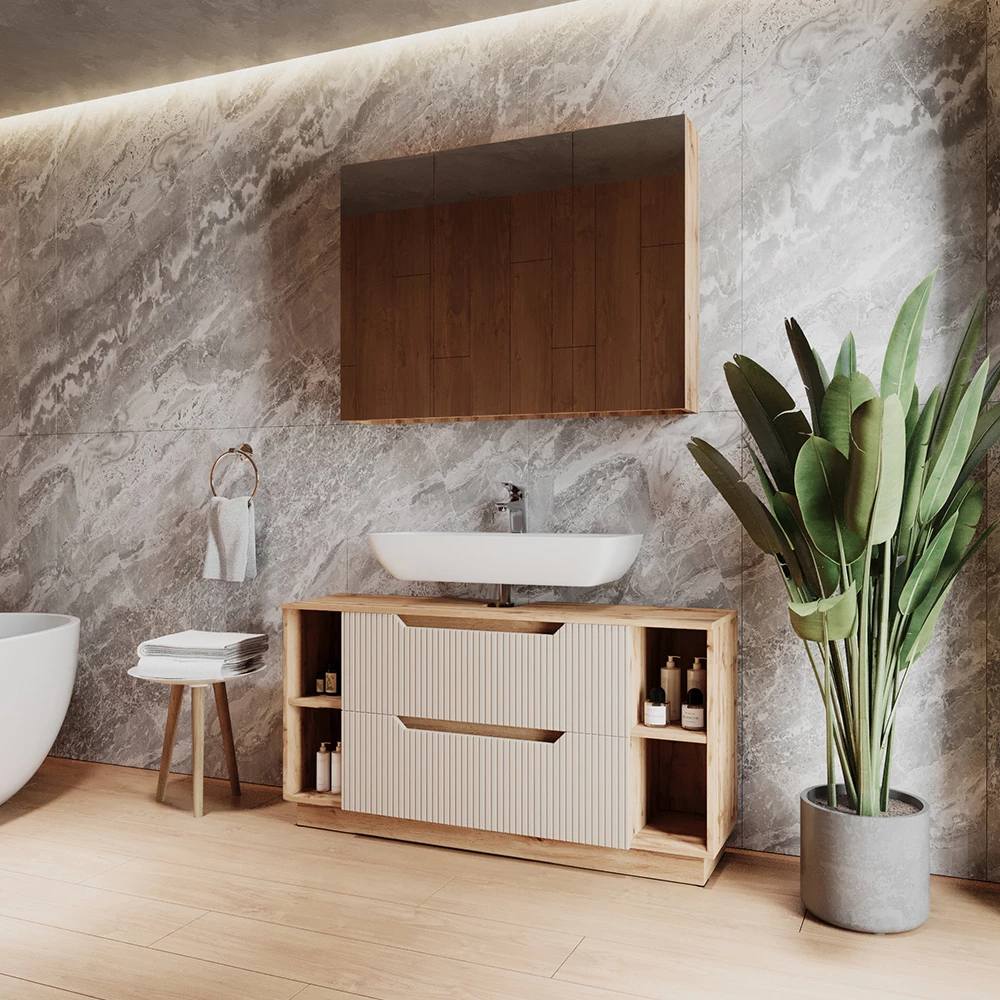 Nahaufnahme von Badmöbel-Set in Eiche/Kaschmir gestreift, zeigt Design- und Oberflächendetails