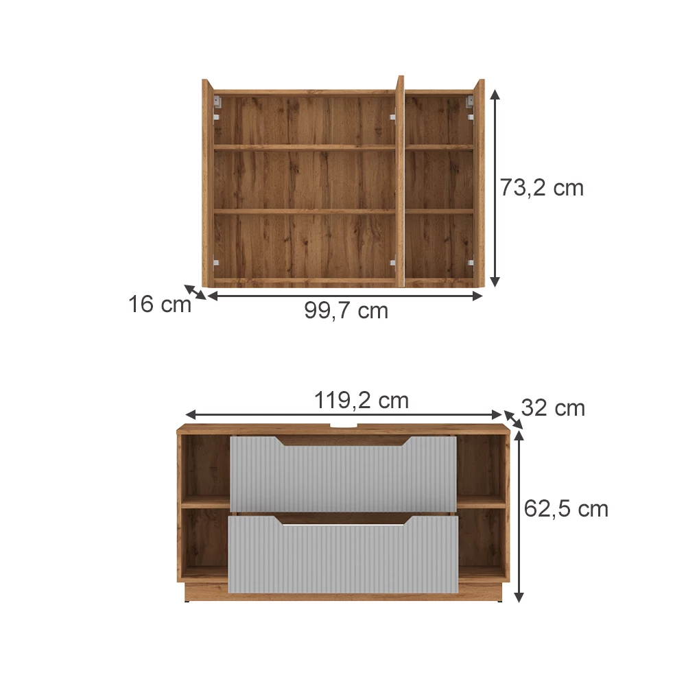 Badmöbel-Set in Eiche/grau gestreift auf weißem Hintergrund mit sichtbaren Maßen