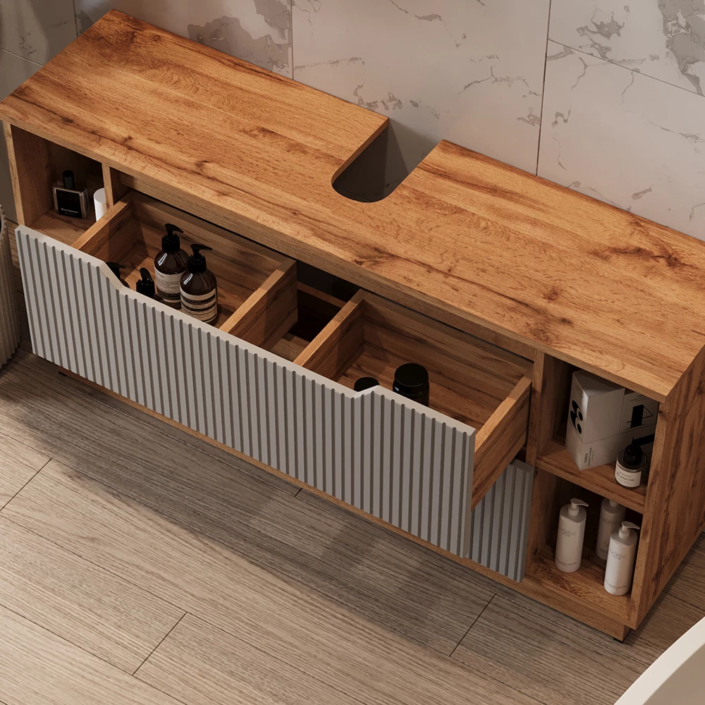 Nahaufnahme von Badmöbel-Set in Eiche/grau gestreift, zeigt Textur/Details