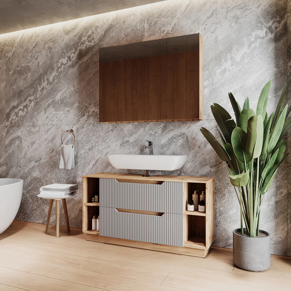 Nahaufnahme von Badmöbel-Set in Eiche/grau gestreift, zeigt Design- und Oberflächendetails