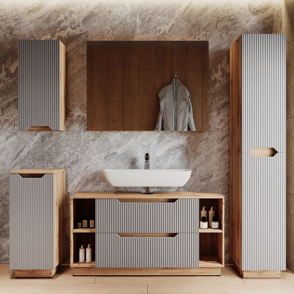 Badmöbel-Set Lotta Eiche/grau gestreift 2 Teile Vicco