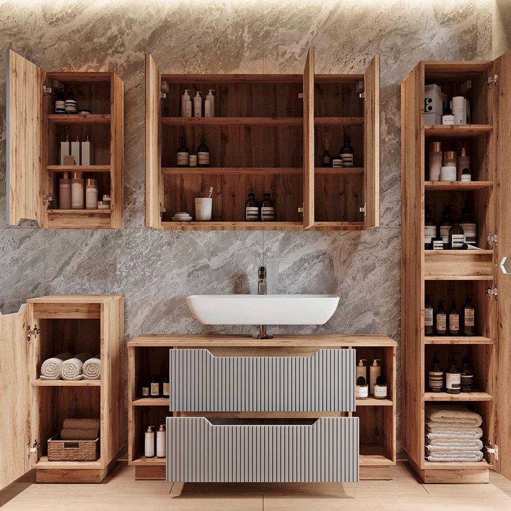 Badmöbel-Set Lotta Eiche/grau gestreift 2 Teile Vicco