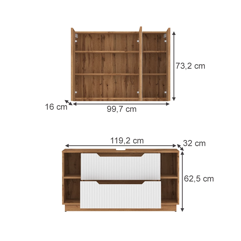 Badkamermeubelset in Eiken/wit gestreept on white background with visible dimensions