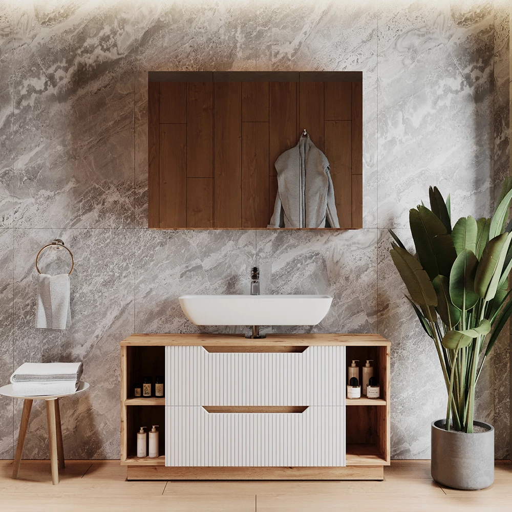 Badkamermeubelset in Eiken/wit gestreept shown in ambient setting with decoration