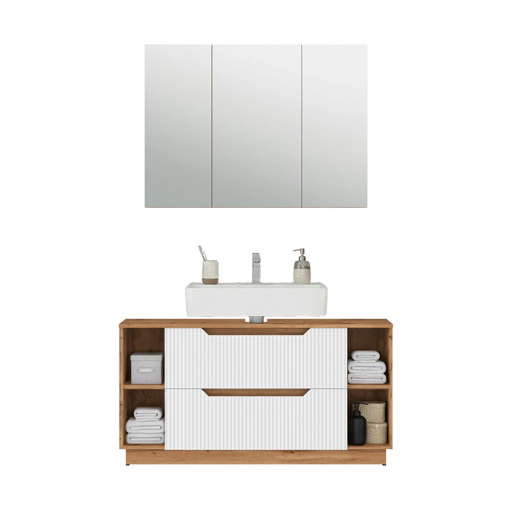 Badkamermeubelset in Eiken/wit gestreept on white background with decorative elements