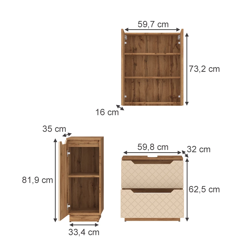 Badmöbel-Set in Eiche/Kaschmir mit Kachelstruktur auf weißem Hintergrund mit sichtbaren Maßen