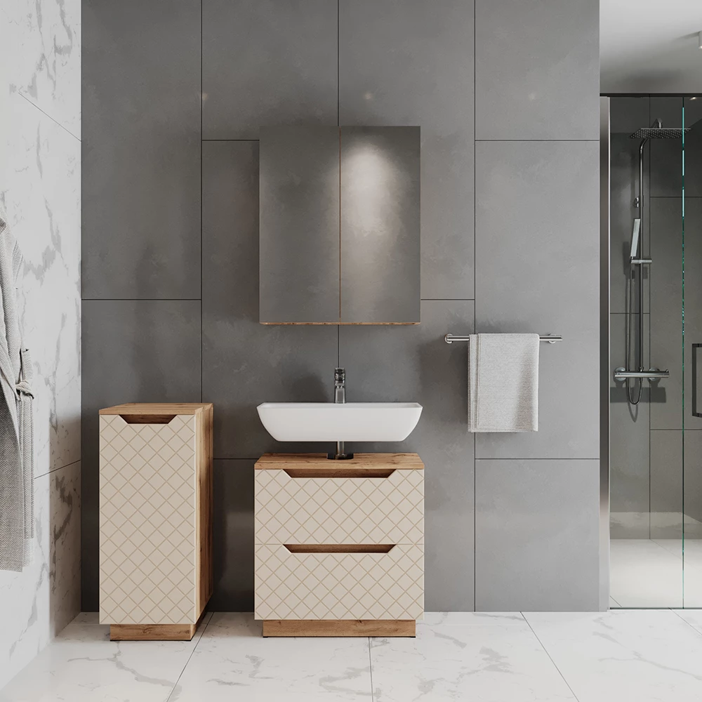 Badmöbel-Set in Eiche/Kaschmir mit Kachelstruktur, dargestellt im Ambiente mit Dekoration