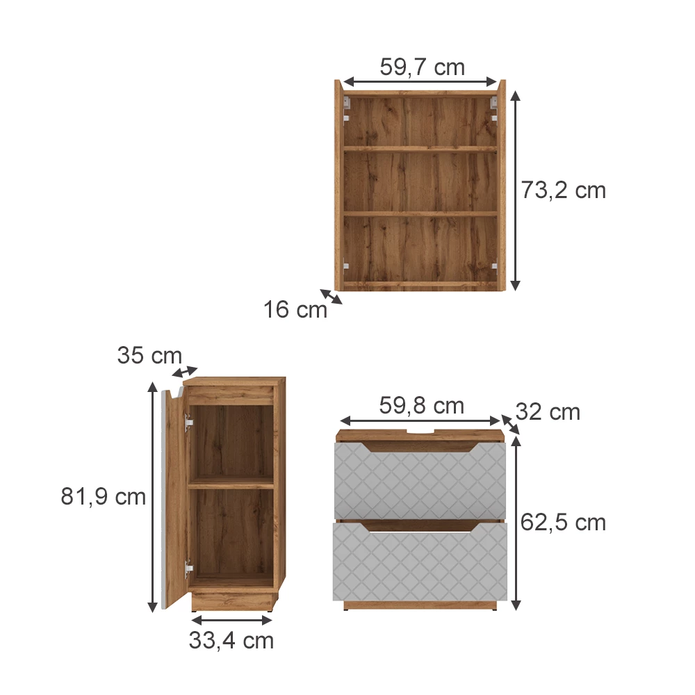 Badmöbel-Set in Eiche/Grau mit Kachelstruktur auf weißem Hintergrund mit sichtbaren Maßen