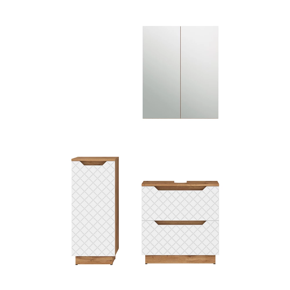 Badkamermeubelset in Eiken/wit met tegelstructuur on white background