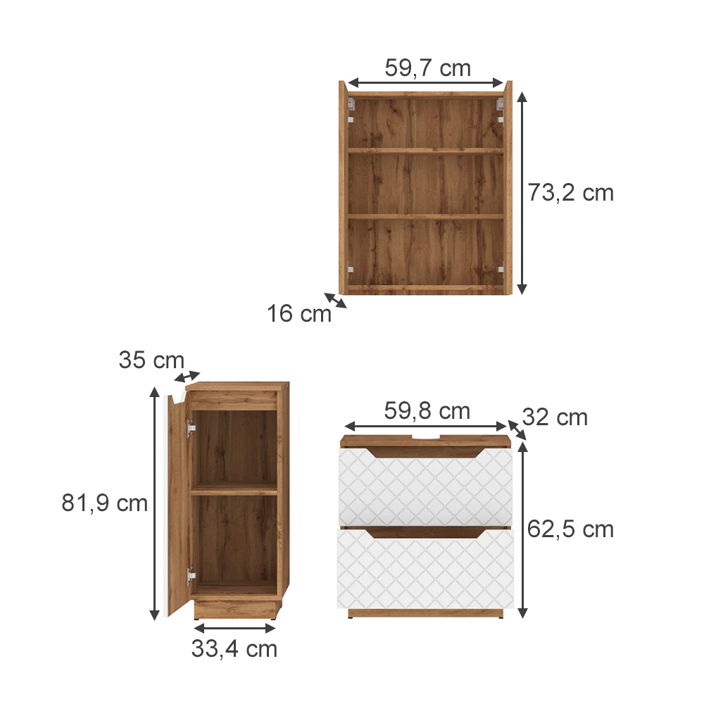 Badkamermeubelset in Eiken/wit met tegelstructuur on white background with visible dimensions