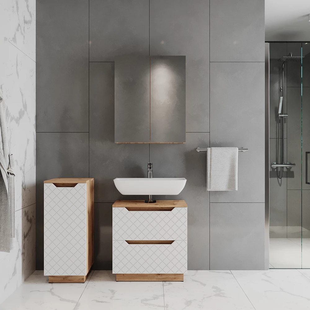 Badkamermeubelset in Eiken/wit met tegelstructuur shown in ambient setting with decoration
