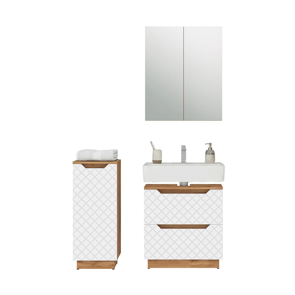 Badkamermeubelset in Eiken/wit met tegelstructuur on white background with decorative elements