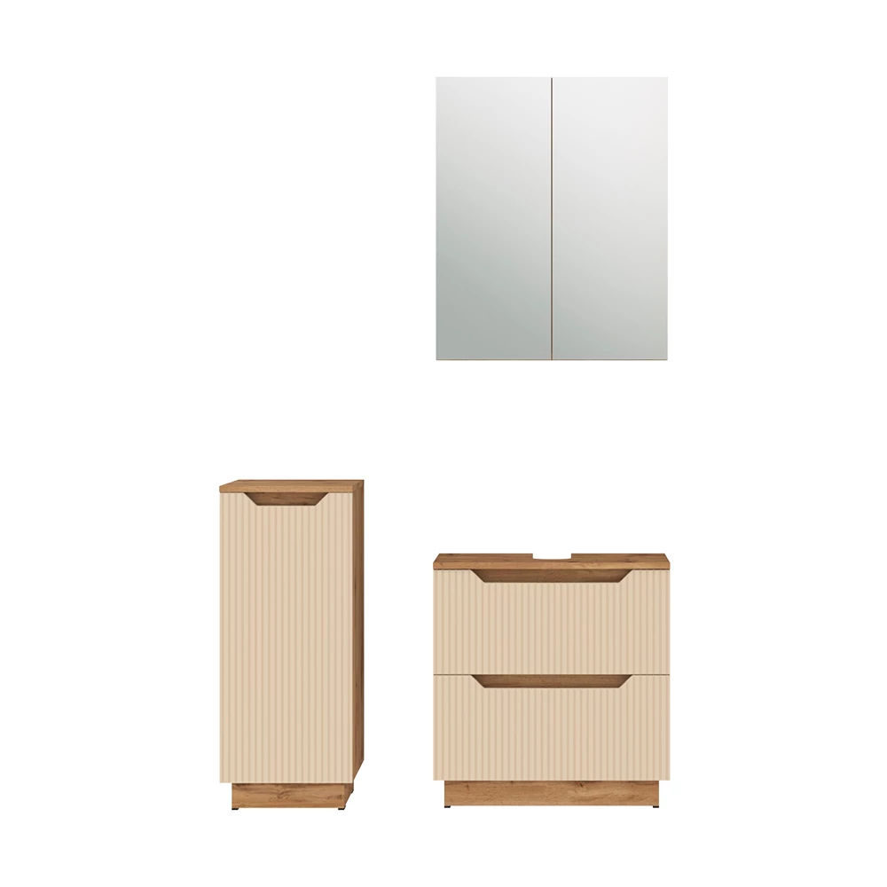 Badmöbel-Set in Eiche/Kaschmir gestreift auf weißem Hintergrund