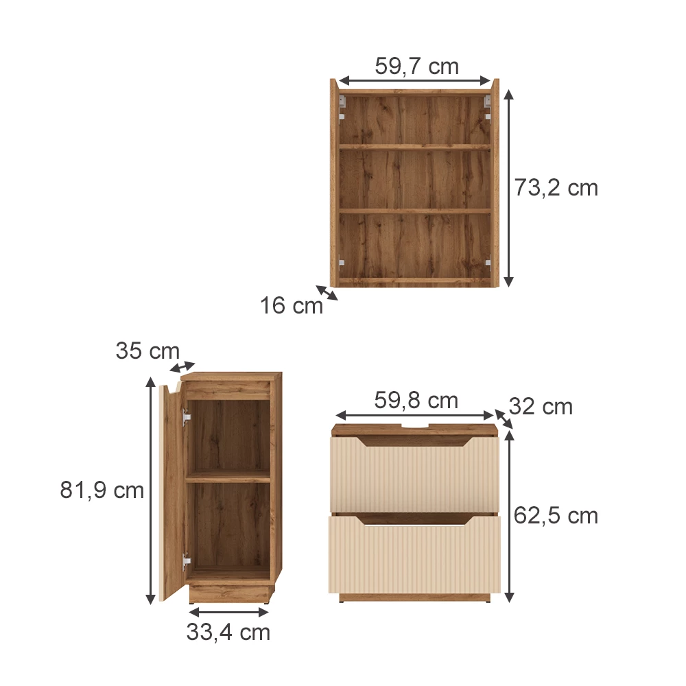 Badmöbel-Set in Eiche/Kaschmir gestreift auf weißem Hintergrund mit sichtbaren Maßen