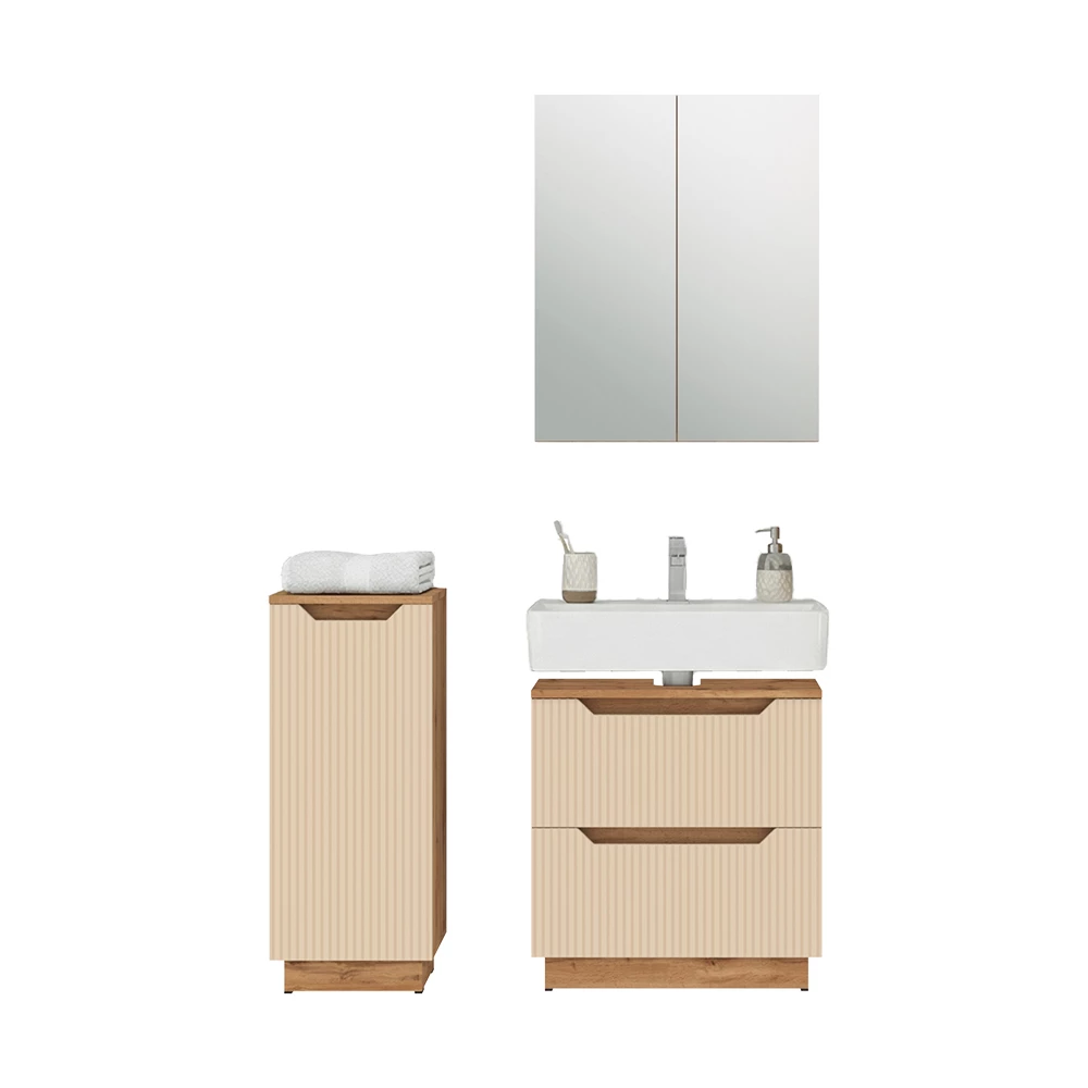Badmöbel-Set in Eiche/Kaschmir gestreift auf weißem Hintergrund mit dekorativen Elementen