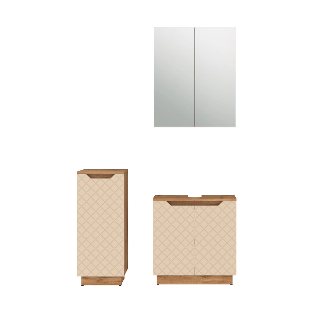 Badmöbel-Set in Eiche/Kaschmir mit Kachelstruktur auf weißem Hintergrund