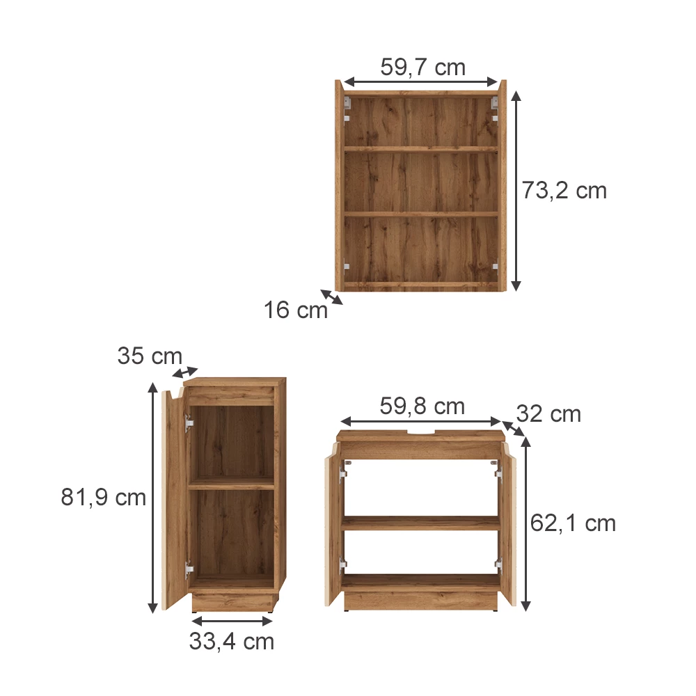 Badmöbel-Set in Eiche/Kaschmir mit Kachelstruktur auf weißem Hintergrund mit sichtbaren Maßen