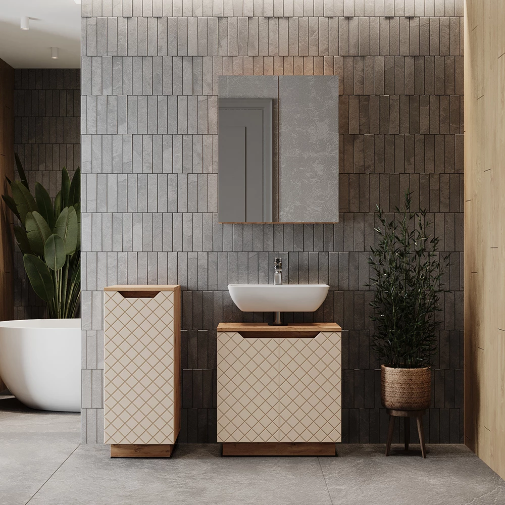 Badmöbel-Set in Eiche/Kaschmir mit Kachelstruktur, dargestellt im Ambiente mit Dekoration