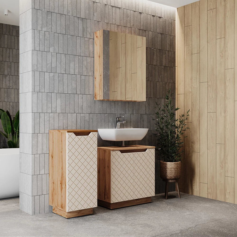 Nahaufnahme von Badmöbel-Set in Eiche/Kaschmir mit Kachelstruktur, zeigt Design- und Oberflächendetails