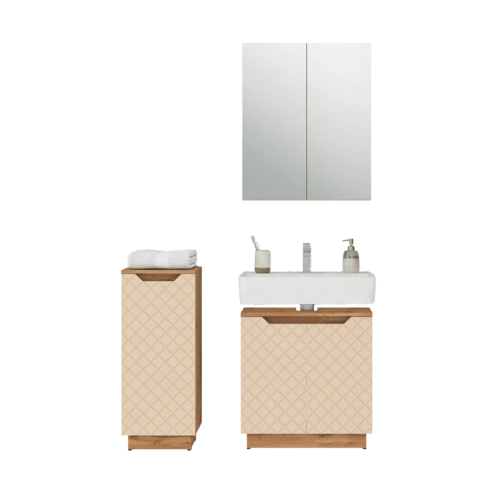 Badmöbel-Set in Eiche/Kaschmir mit Kachelstruktur auf weißem Hintergrund mit dekorativen Elementen
