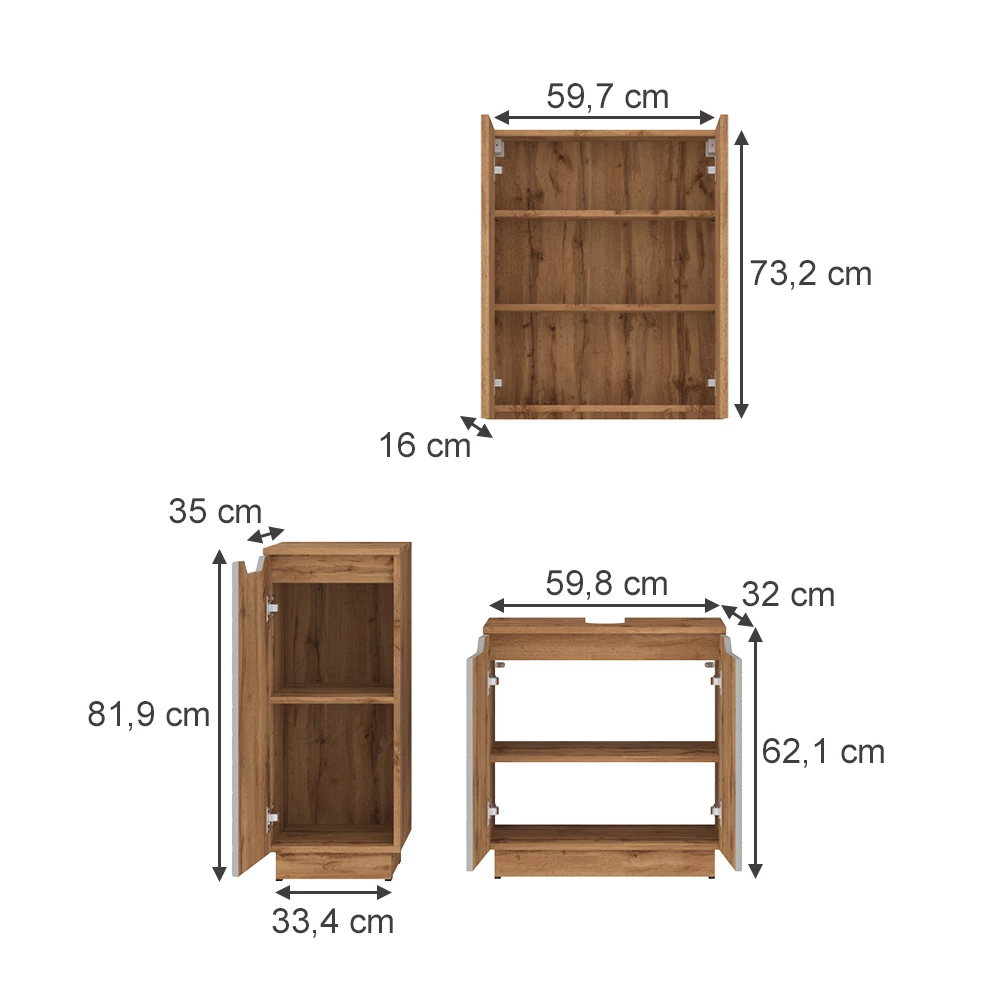 Badmöbel-Set in Eiche/Grau mit Kachelstruktur auf weißem Hintergrund mit sichtbaren Maßen