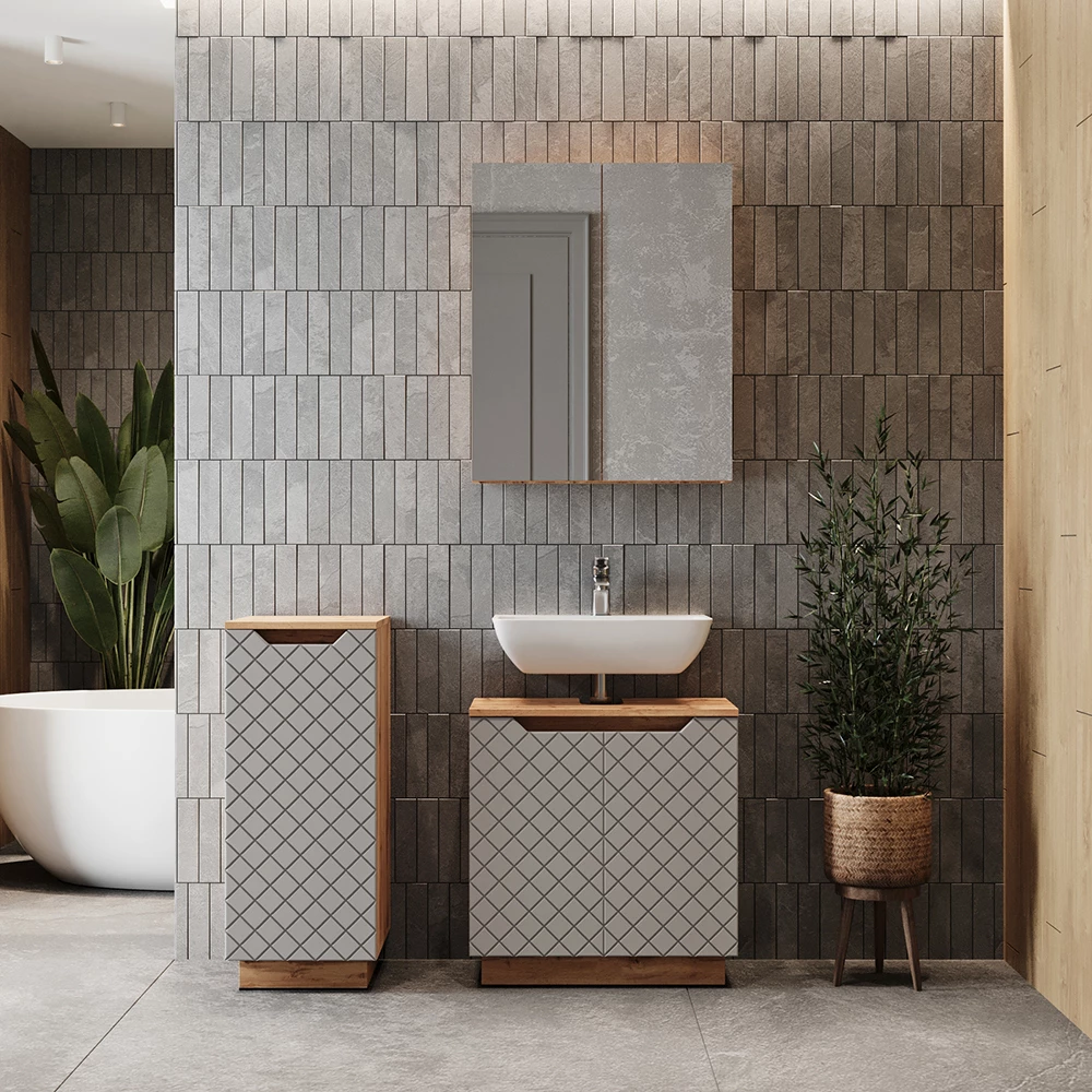 Badmöbel-Set in Eiche/Grau mit Kachelstruktur, dargestellt im Ambiente mit Dekoration