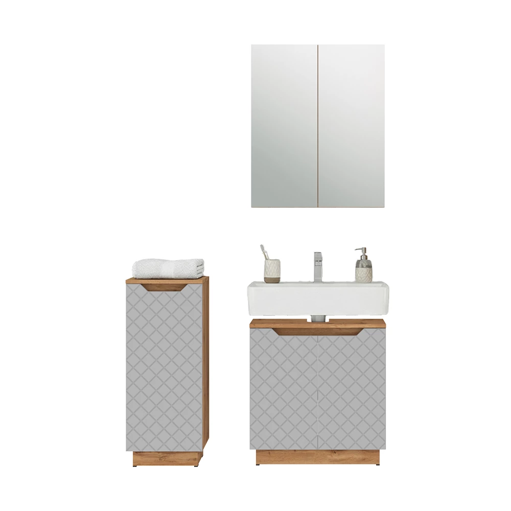 Badmöbel-Set in Eiche/Grau mit Kachelstruktur auf weißem Hintergrund mit dekorativen Elementen