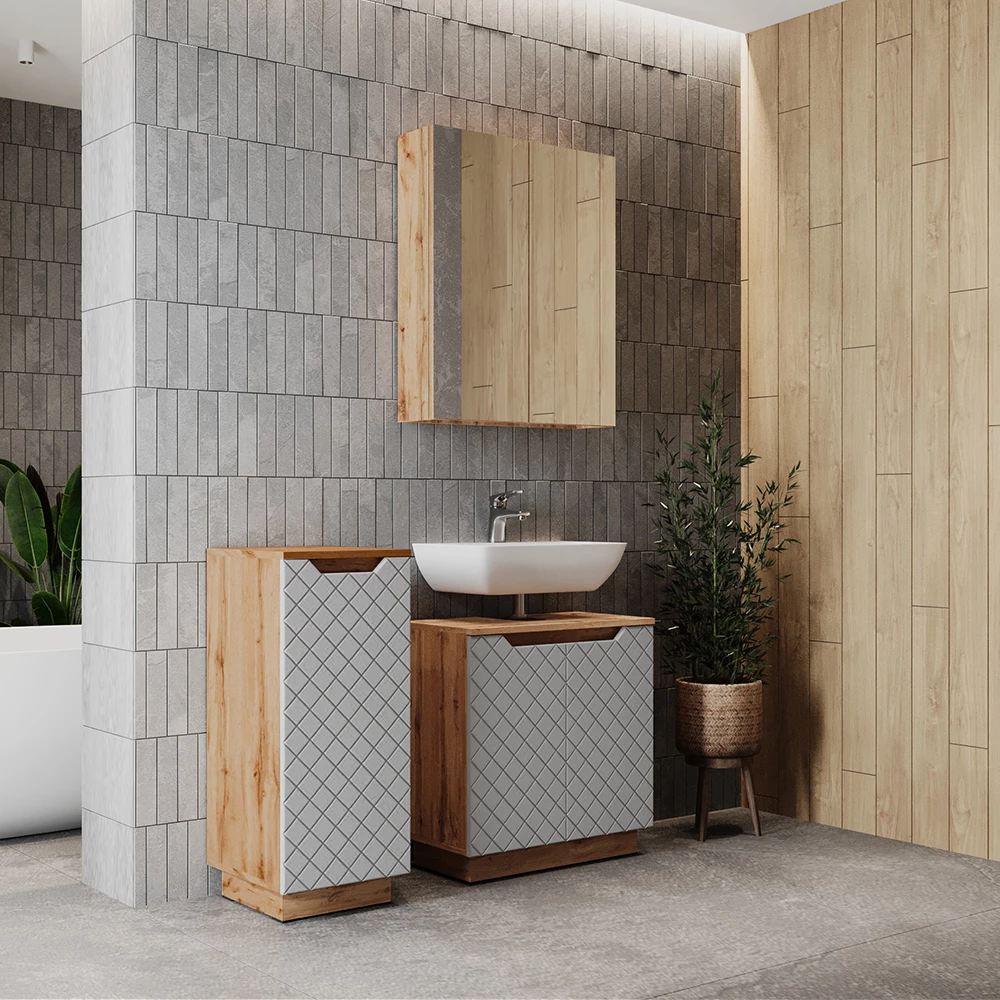 Nahaufnahme von Badmöbel-Set in Eiche/Grau mit Kachelstruktur, zeigt Design- und Oberflächendetails