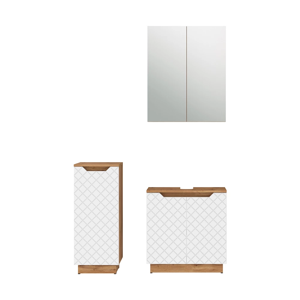 Badmöbel-Set in Eiche/Weiß mit Kachelstruktur auf weißem Hintergrund